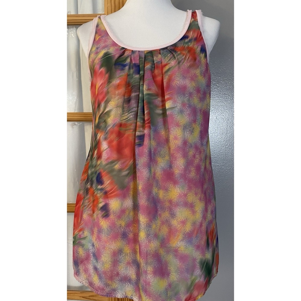 Casual Freedom Watercolor Tank Top Sz L Pleated Front Frayed Neckline Colorful